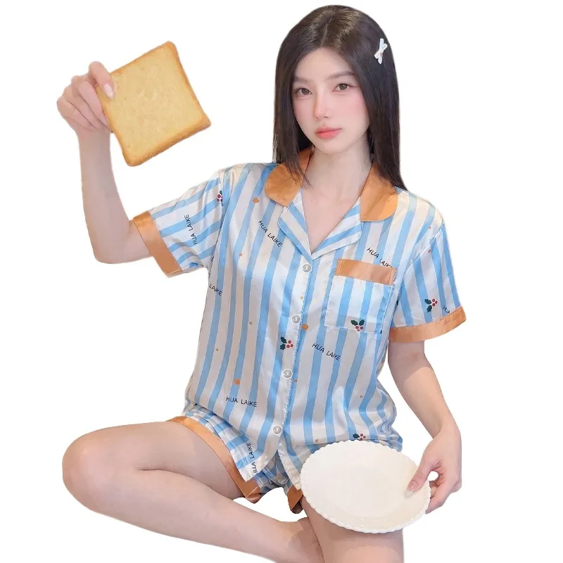 Y2K Style Striped Fashion Pajama Set Women's Button Short Sleeve Sleepwear Cute Cherry Letter Print Loungewear Homewear Casual 5