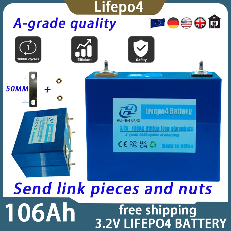 NUOVO 3.2V 100% capacità106Ah LiFePO4 Batteria Celle Ricaricabili per Energia Solare Batteria Al Litio FAI DA TE Alimentazione Domestica 12V in Magazzino