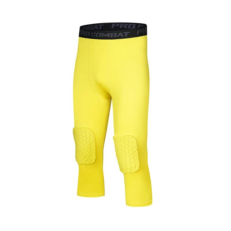 Men's 3/4 Compression Tights Leggings Basketball Safety Anti-Collision Pants Training With Knee Pads Protector Sports Trousers