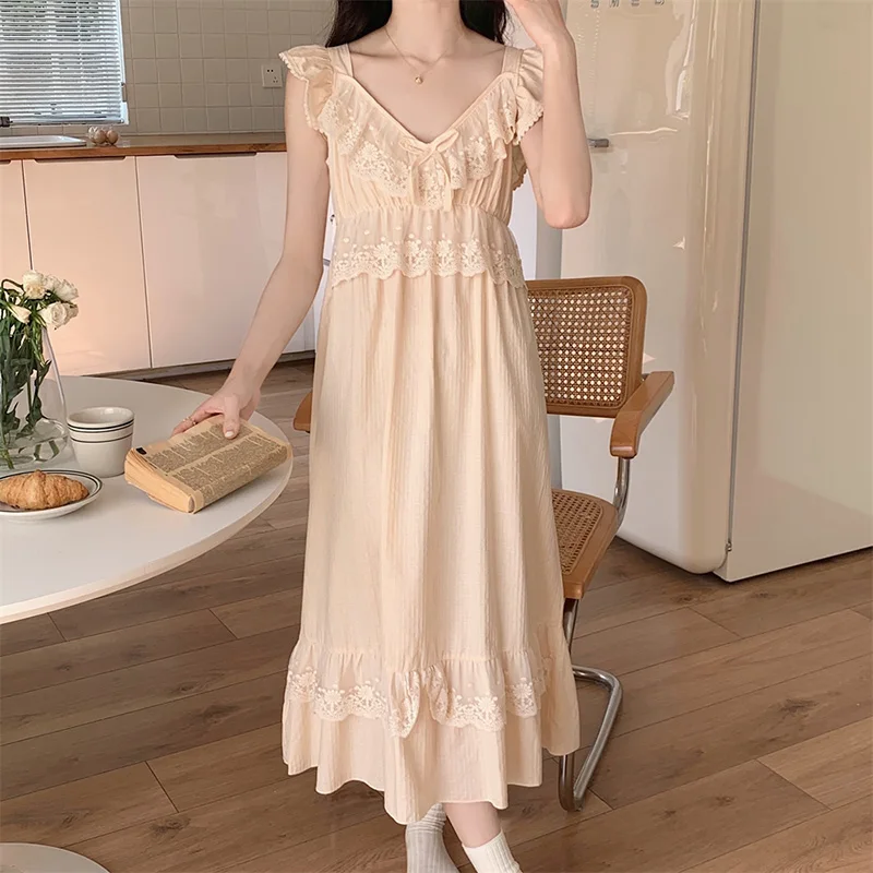 Lace Solid Sweet Summer Sleeveless NightDress Women Korean Style Sleep Tops Home  Kawaii Princess Elegant Casual  Loose Ins