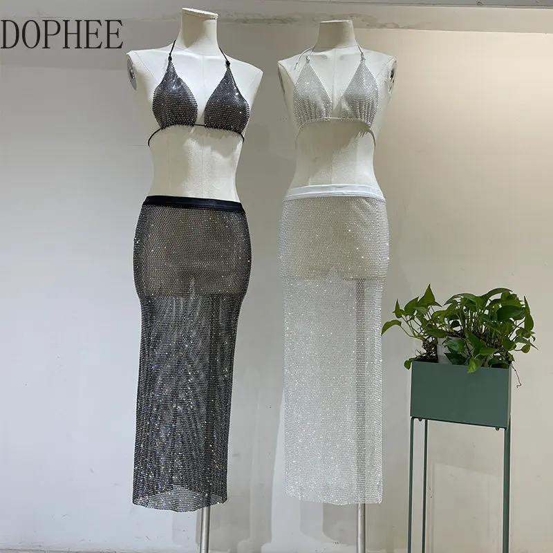 

Blingbling Crystal Diamond Hollow Out Women Two-piece Set Hip Wrap Skirt Tube Top Dress Sexy Tight Brassiere Wrap Chest Bra