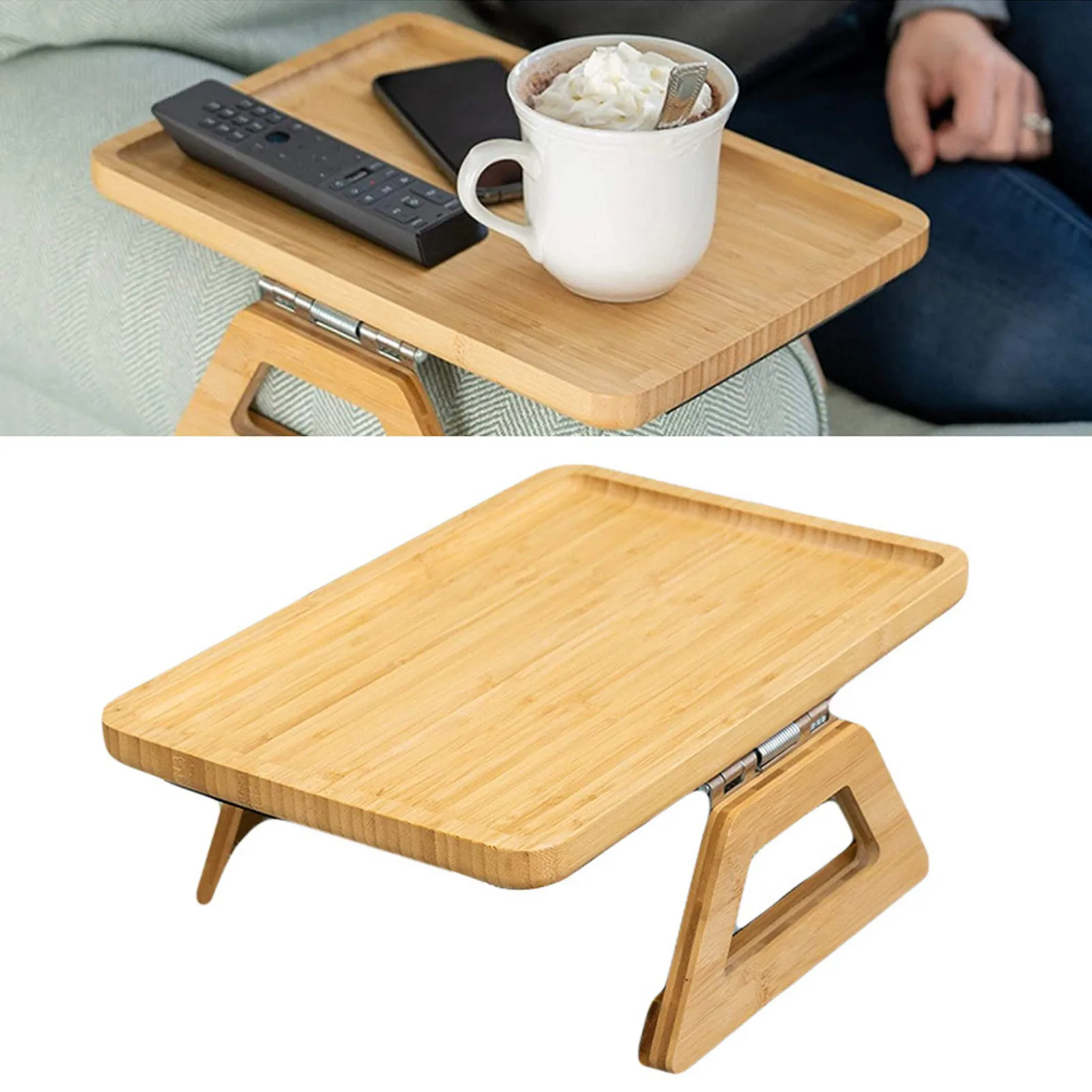 Mesa de brazo para sofá, bandeja de sofá de bambú con clip en la mesa  auxiliar para sofás anchos, mesa auxiliar plegable para espacios pequeños