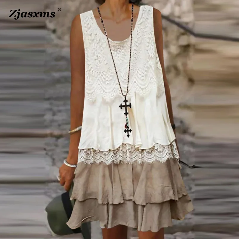 

Women Splicing Embroidery Lace Sleeveless Cake Party Dress Elegant Sundress Vestidos A-Line New Summer O Neck Ruffles Mini Dress