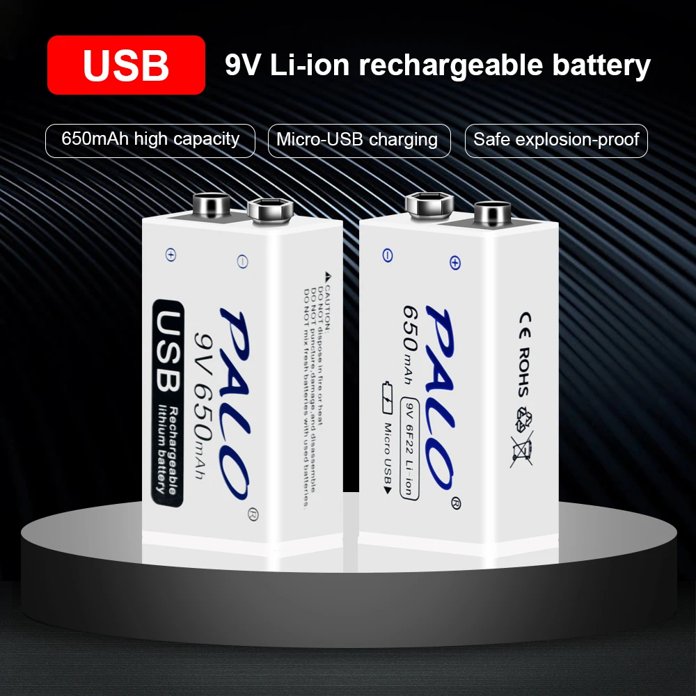 Rechargeable 9V Battery 650mAh Micro USB 9 Volt 6F22 Lithium Crown 9v Batteries for Multimeter KTV Microphone Metal Detector
