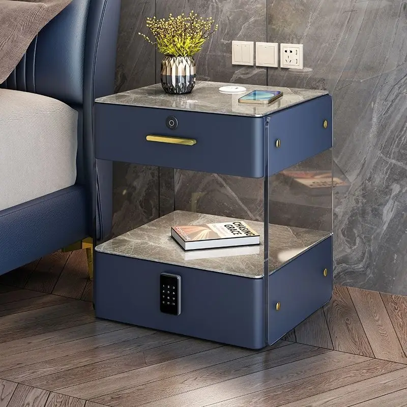 

Lock Wooden Nightstands Multifunctional Luxury Glass Bedside Table Modern Simple Charging Meuble Rangement Bedroom Furniture