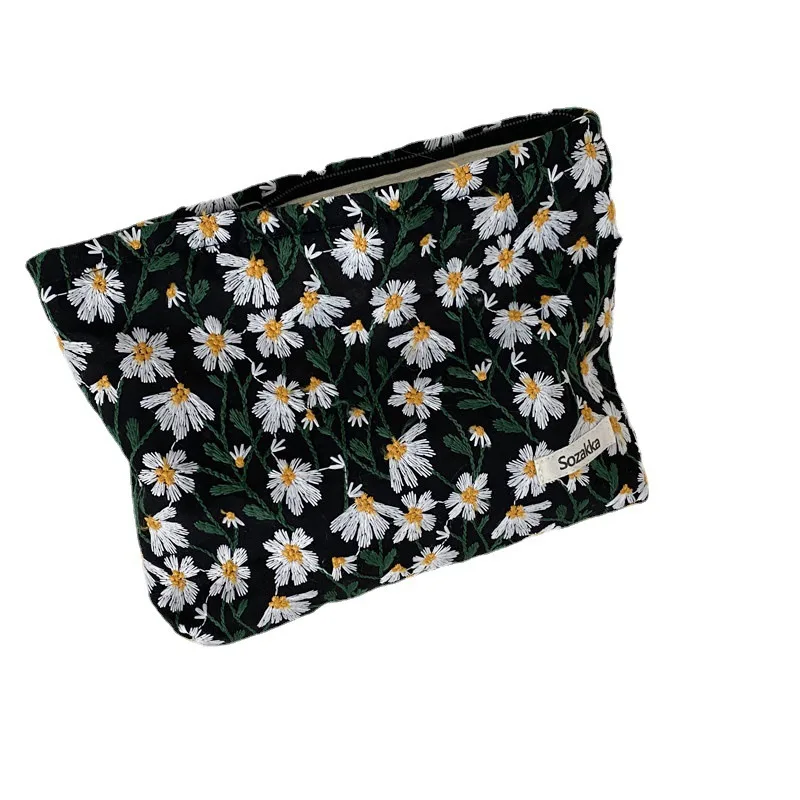 Women's  Floral Cosmetic Organizer - Embroidered Daisy Crossbody Pouch, Minimalist Large-Capacity Pencil Case & Makeup Bag