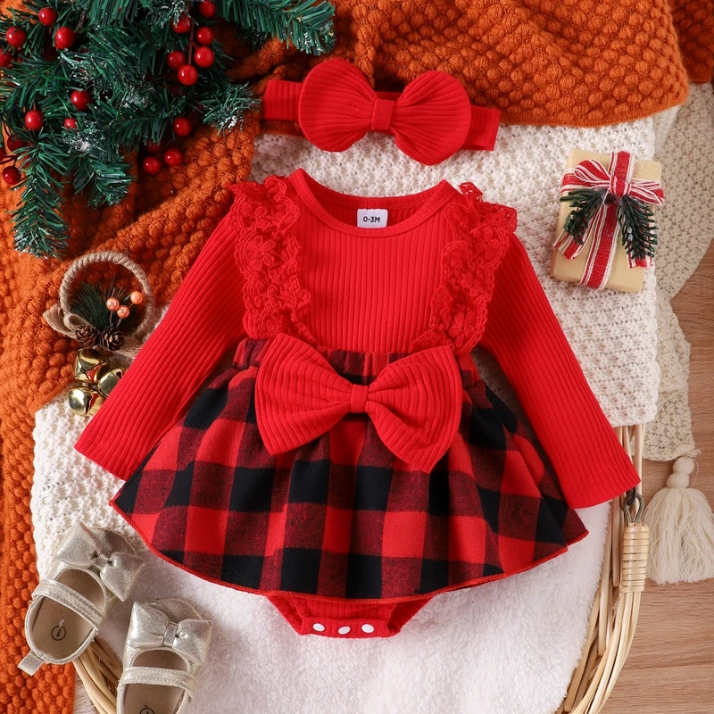 

Infant Baby Girls Christmas Romper Dress Plaid Print Patchwork Long Sleeve Round Neck Lace Jumpsuit + Bow Headband