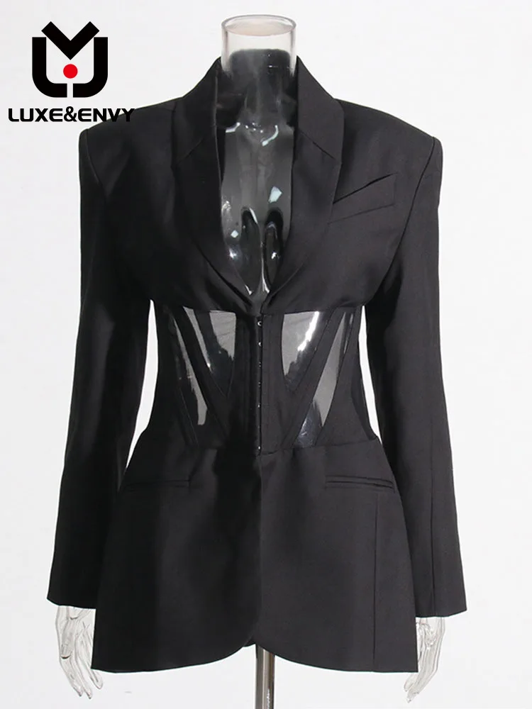 

LUXE&ENVY 2023 New Fishbone Waist Mesh Splicing Perspective Design Blazer Medium Length Suit Women 2023 Summer