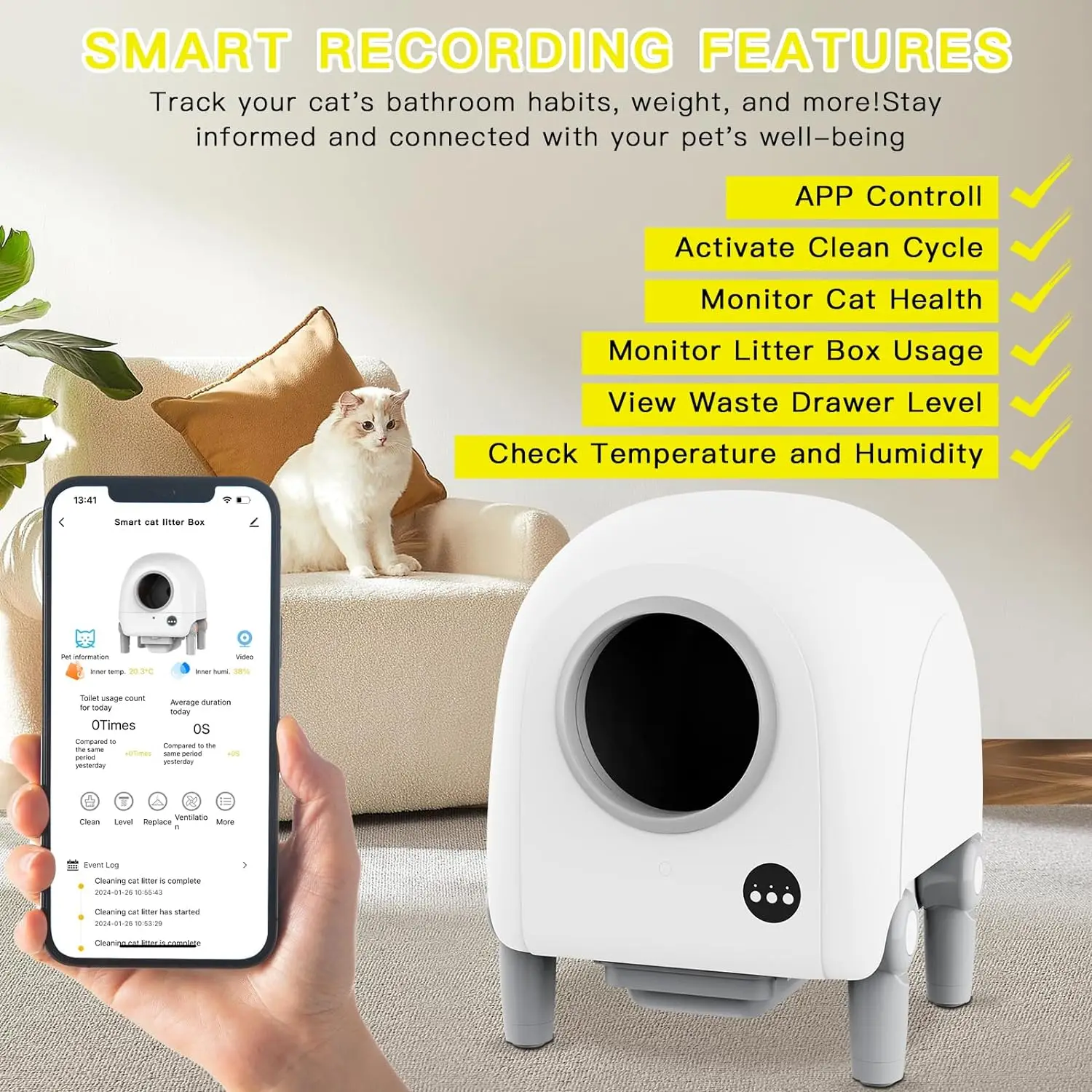 

Self-Cleaning Cat Litter Box with Camera Video Monitoring Tracking App Control Odor Elimination Real time Interaction Cat Toilet