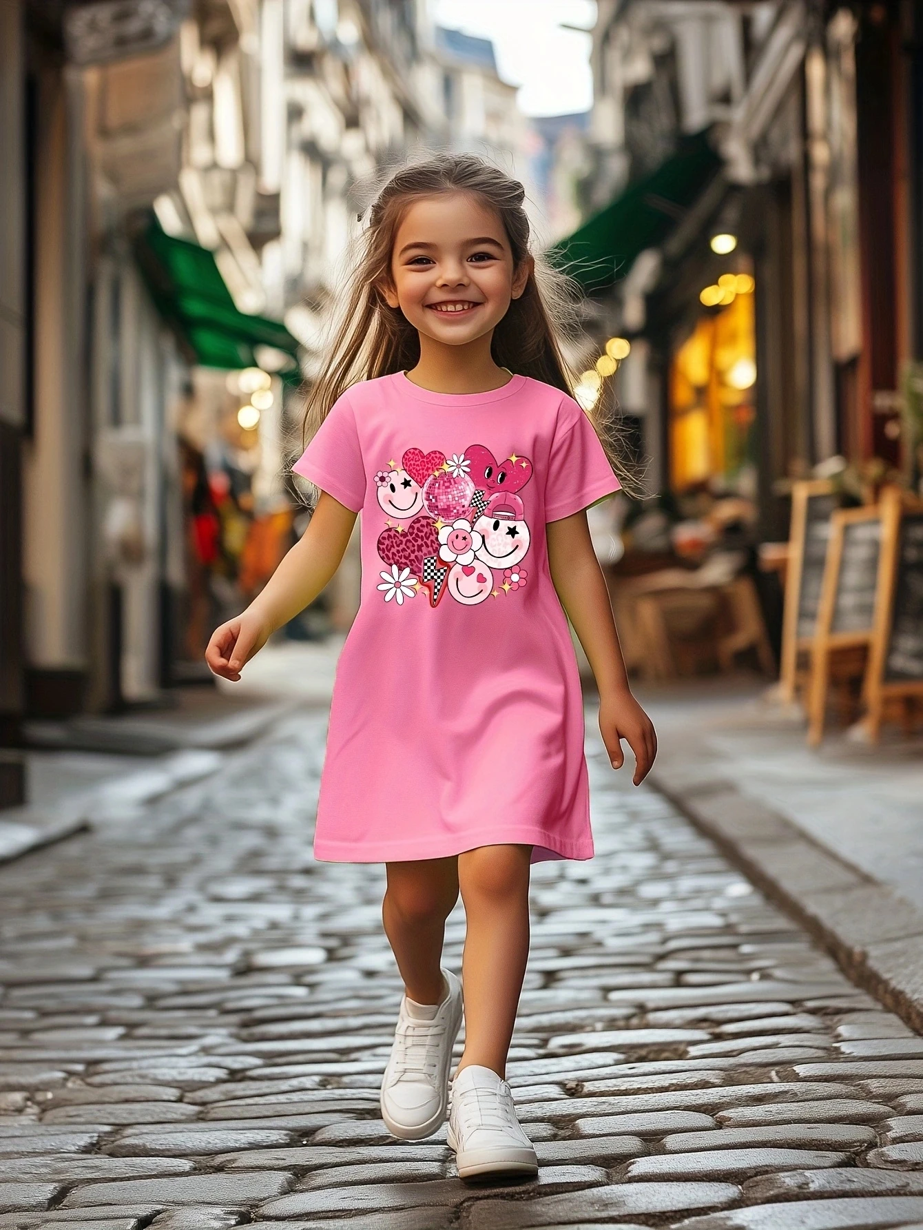 Cute summer fashion cartoon printed casual dress for girls soft breathable elastic polyester fiber blend dress