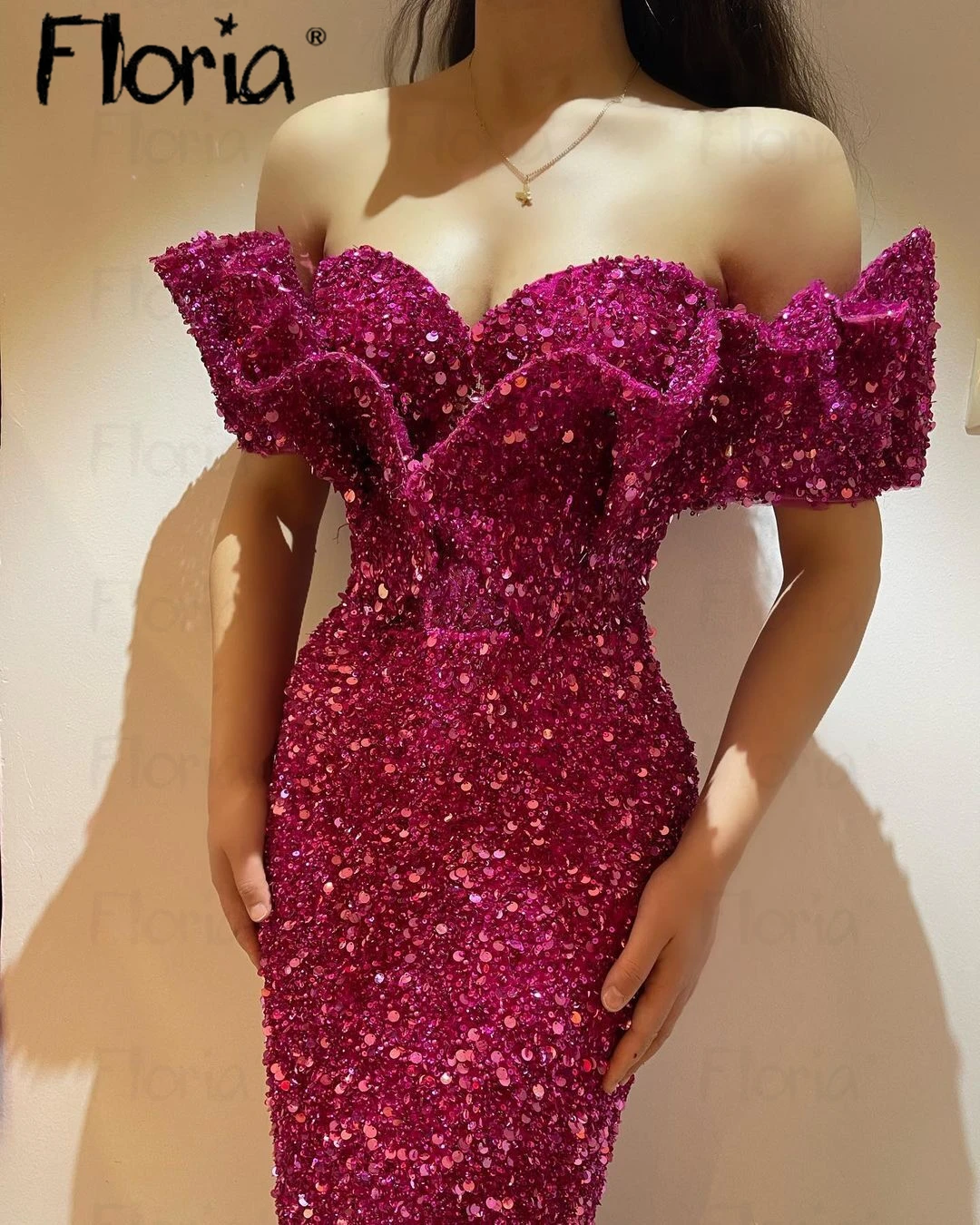 

Hot Pink FashionRuffles Off Shoulder Party Dress Glitter Sequins Sweetheart Wedding Engagement Dress Robe Soirée Female Custom
