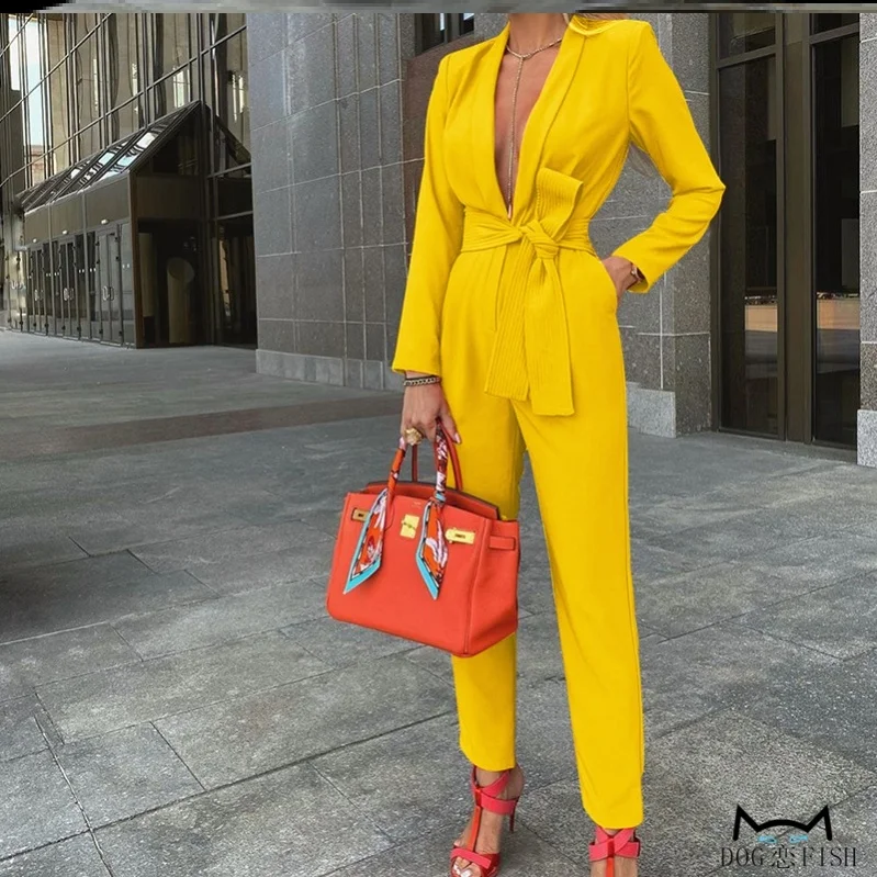 

Jumpsuits With Belt Popular On The Internet Same Deep V Neck Belt Sleeved Jumpsuit Long Pants For Commuting