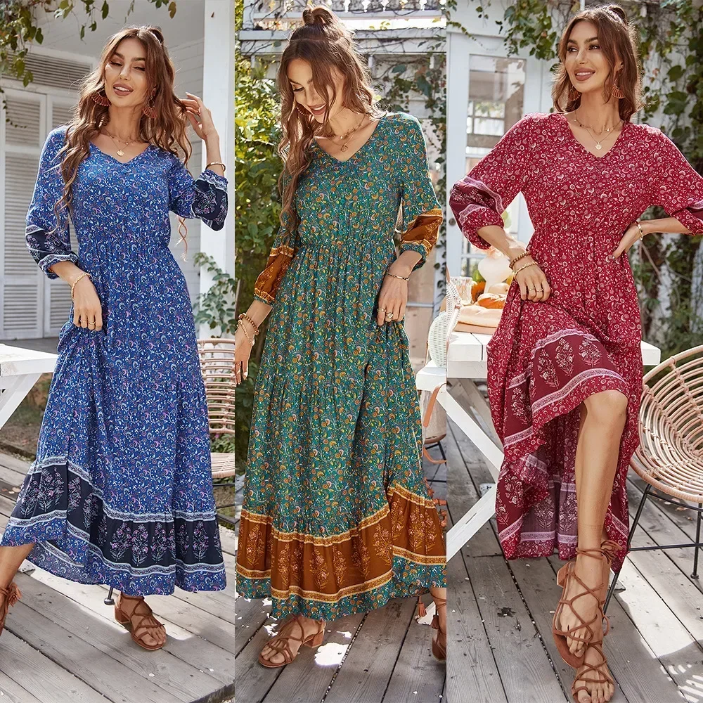 

2023 Summer New European and American Women's Leisure Vacation Dress New Product Large Swing Skirt High Waist Printed One Piece