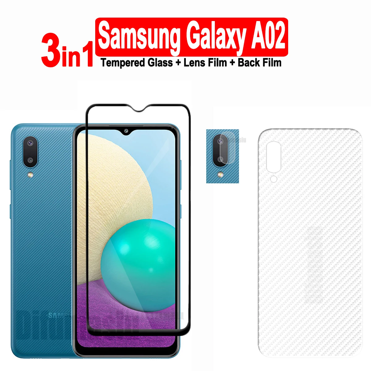 

3in1 For Samsung Galaxy A02 Tempered Glass Screen Protectors + Soft Back Film + Soft Camera Lens Film