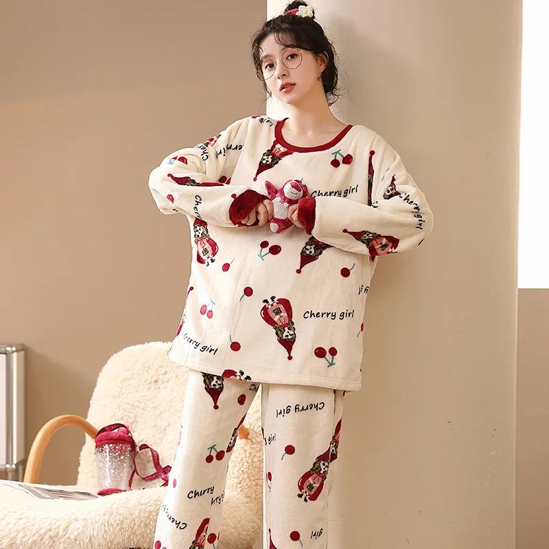 New Winter Women's Warm Home Clothes Sleepwear Ladies Flannel Thick Coral Fleece Cute Cartoon Pajamas oversized Woolen Pijama