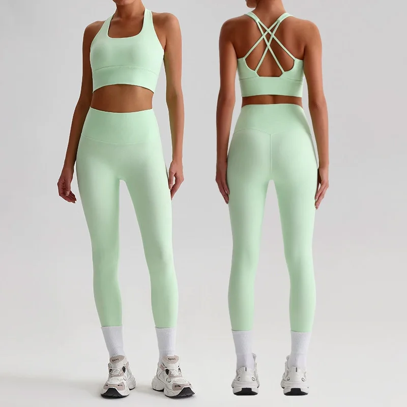 Naked Feel Yoga Set Women Fitness Sportswear 2 Piece Strappy Sports Bra High Waist Gym Leggings Workout Outfit Active Wear sports bra set gym workout set yoga pants set yoga set fitness set sportswear set sports set
