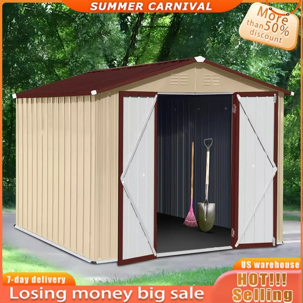 

Metal Outdoor Storage Shed with Door & Lock, 8' × 6' Waterproof Garden Storage Tool Shed with Base Frame for Backyard Patio