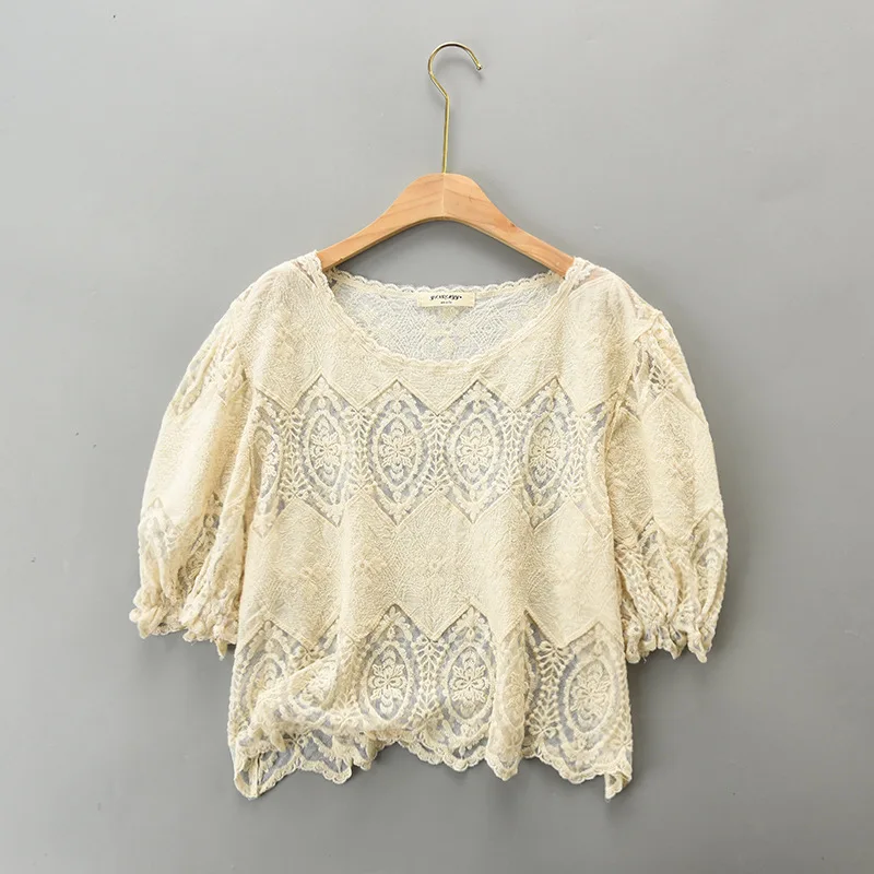

Loose Cropped Tops Ladies Spring Summer Sexy Transparent Beach Cover Up Hollow Out Crochet Lace Women Puff Sleeve Lace Blouses
