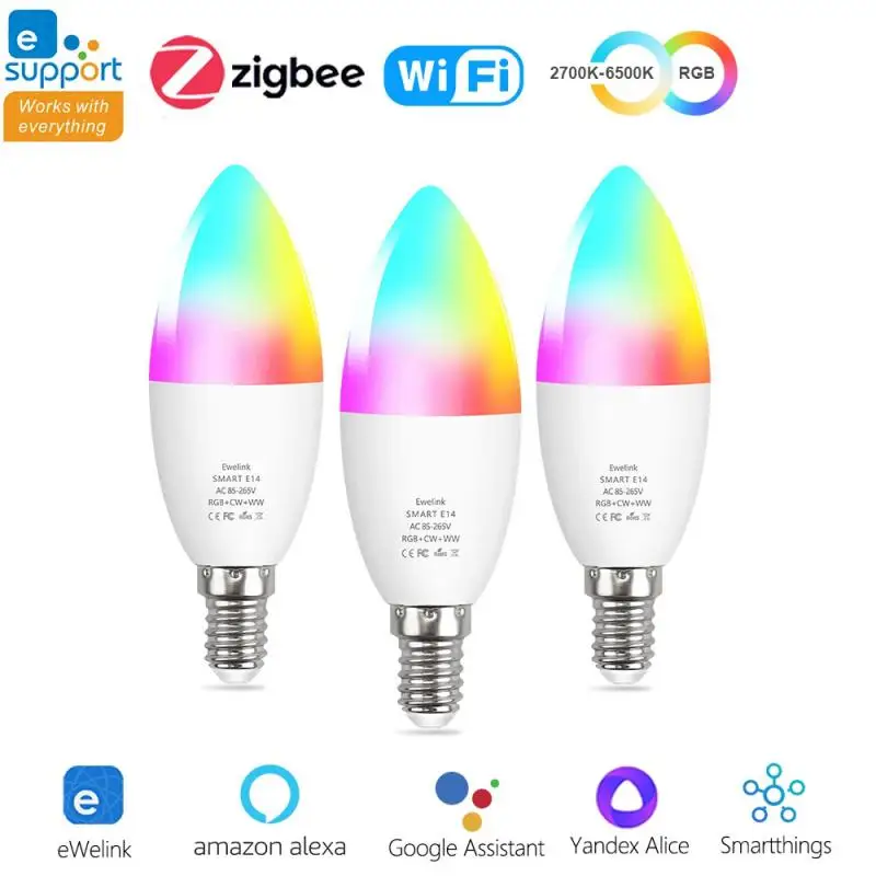 

Умная лампа-свеча с регулировкой яркости, Wi-Fi/Zigbee E14, RGB + CW + WW, 5 Вт, управление через приложение EWelink, работает с Alexa Google Home Alice