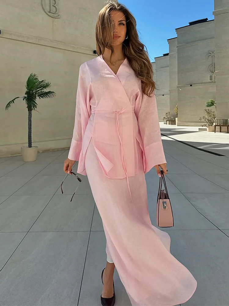 High Waisted Linen Blend Short Set (Ash Rose) main image 1