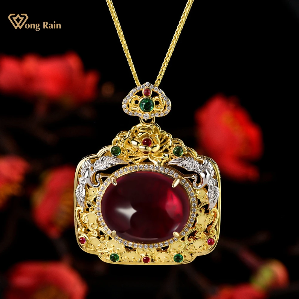 

Wong Rain 18K Gold Plated 925 Sterling Silver 18*22 MM Oval 20CT Ruby High Carbon Diamond Gemstone Pendant Necklace Fine Jewelry