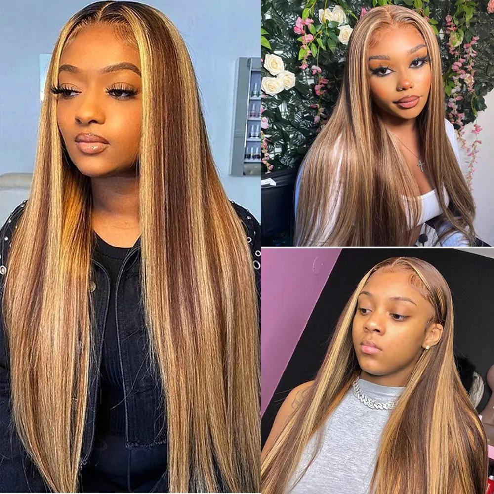 Glueless Highlight Wig Human Hair Straight 13x6 HD Full Lace Frontal Wigs 100% Human Hair Ombre Honey Blonde 13x4 Lace Front Wig 2