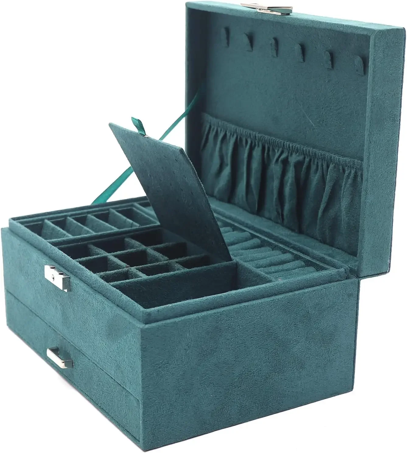 3 Drawer Jewelry Organizer, Storage Box, Dark Green Velvet Suede, Metal Clasp, Stackable Layers, 6 Hooks Ring Earring Necklace Watch Holder, 24x17x11cm — Color: Deep Green