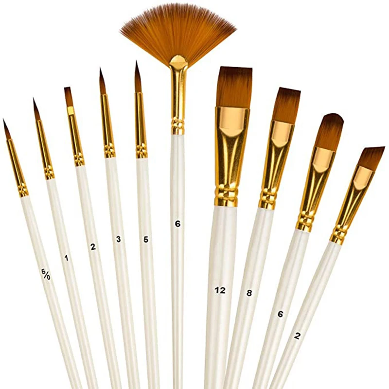 10pcs Premium Nylon Artist Paint Brushes Set Different Shape Paintbrushes for Acrylic Oil Watercolor Paint DIY Student