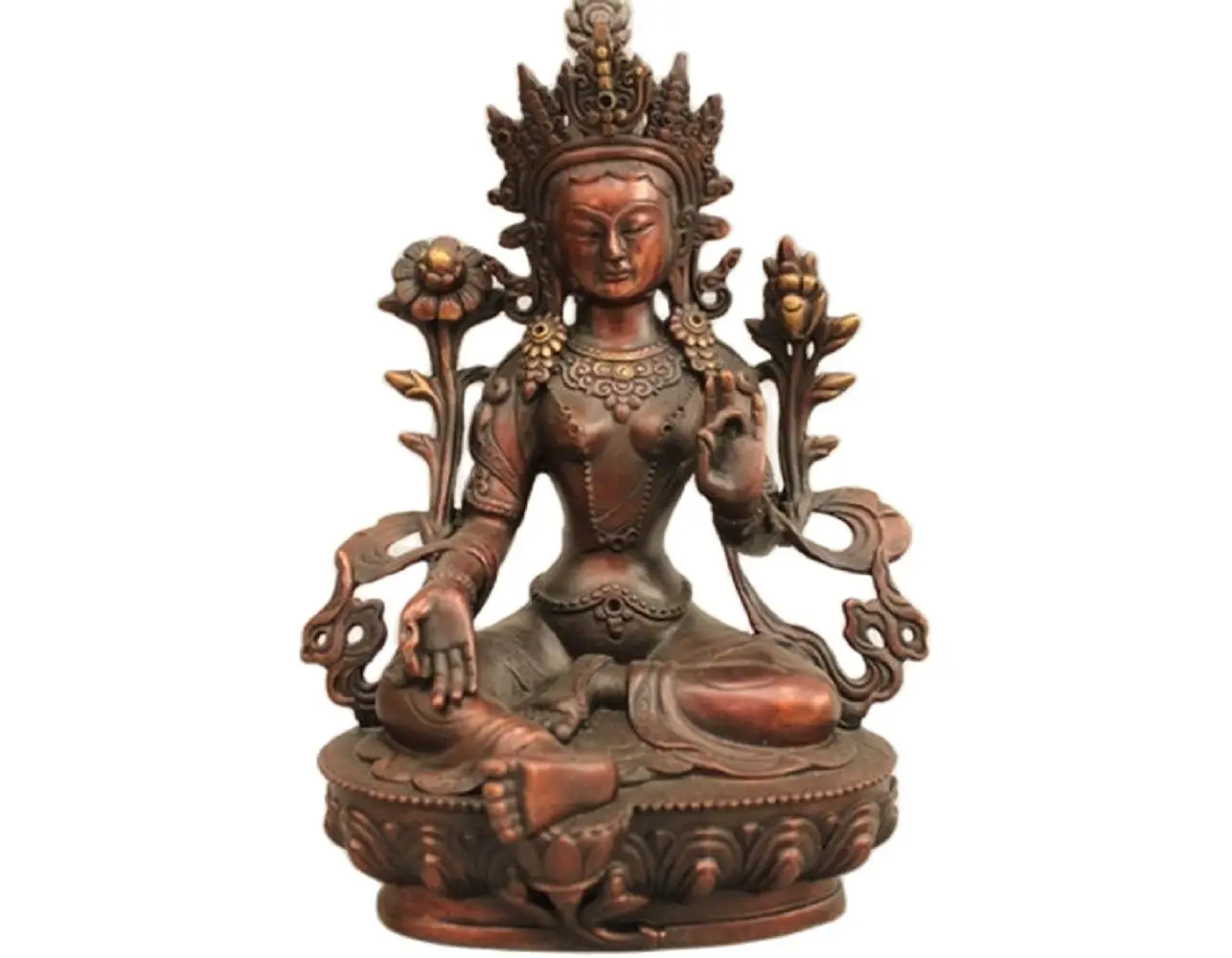 

Tibet Refining Red bronze Buddhis Green Tara Kwan-yin Buddha Statue 21CM