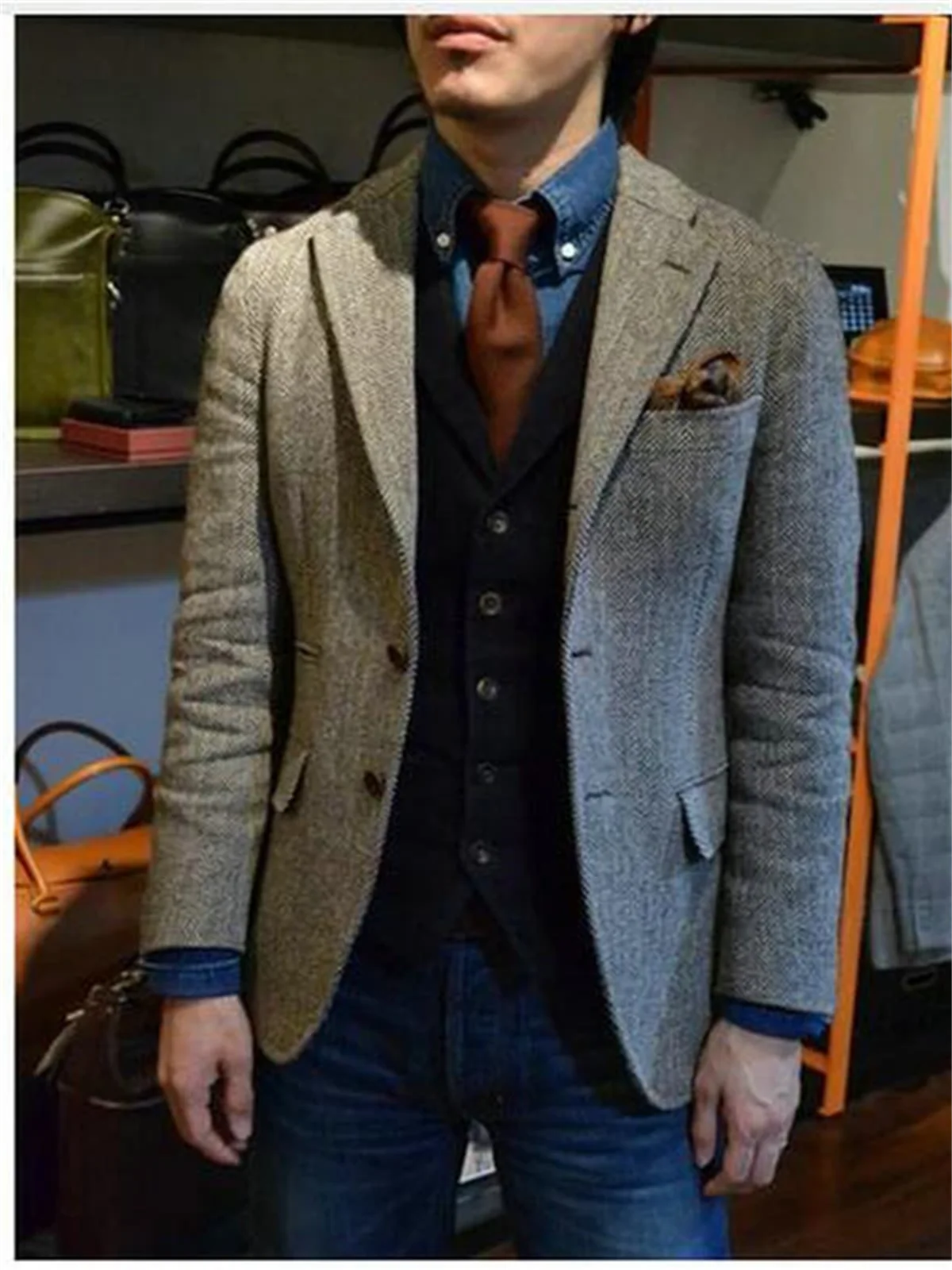 1 Pieces Herringbone Single Breasted Slim Fit Casual Men's Blazers Sets Wool Coat for Men Blazers Luxury Designer Male 3