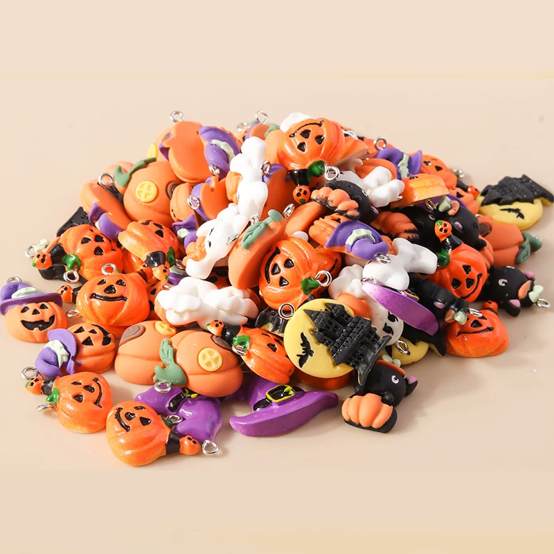 Leslie 10pcs neue Harz Halloween Charms Kawaii Katze Spinne Schloss Geist Kürbis Charms Anhänger Dekor DIY Ohrring Schmuck herstellung – Detail 23