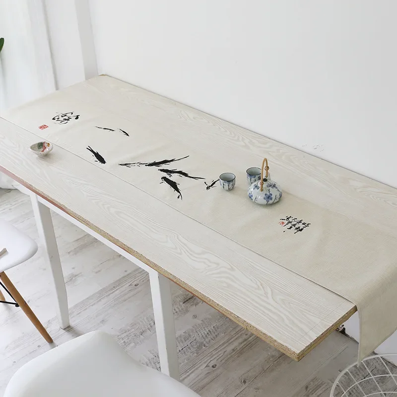 

Chinese Ink Painting Pattern Table Runner Lotus Fishes Tea Table Runners Cotton Linen Table Cover Shoe Cabinet Home Decoration