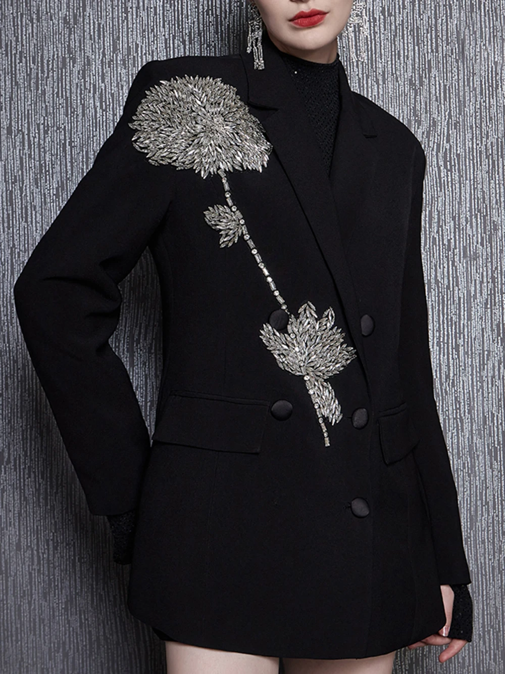 

Modphy Black Diamonds Flower Blazers For Women Notched Collar Long Sleeve Single Breasted Autumn Blazer Female Slim Jacket