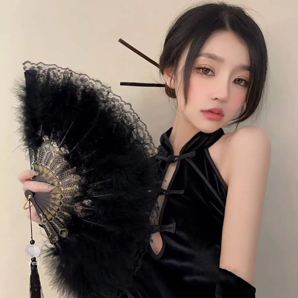 Folding Fan Hand Fan Chinese Style Vintage Foldable Hand Fan Feathers Lace Folding Handheld Fan for Sexy Dance Wedding Decoration Party Favor Gifts