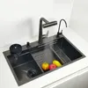 Kitchen Sink honeycomb anti-scratch nano technology left drain Above Mount Washing Basin Stainless Steel sinks waterfall faucet 1