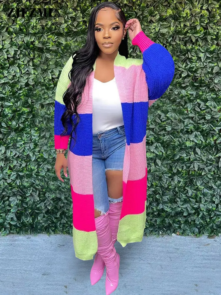 

Contrast Color Hand Crochet Cardigan Coats for Women Open Front Long Sleeve Open Stitch Casual Fashion Multicolor Stripe Outwear