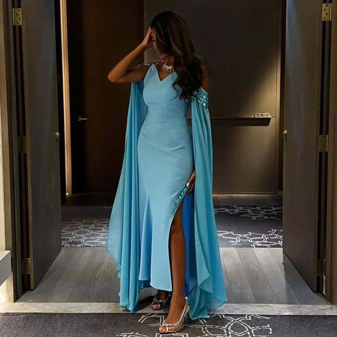 

Elegant Sky Blue Chiffon Prom Dresses Saudi Arabia Women Wear Off Shoulder Beads Side Slit Evening Birthday Party Gowns vestidos