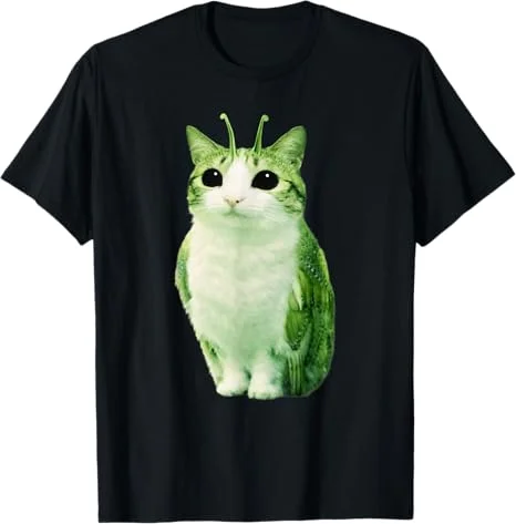 Neongrünes Alien-Katzen-T-Shirt im Retro-Stil der 90er Jahre. „Wirklich?“ T-Shirt mit Katzenmotiv, lustiges Katzen-Meme, Rundhalsausschnitt, lässig, kurzärmelig, für Männer und Frauen – Detail 6