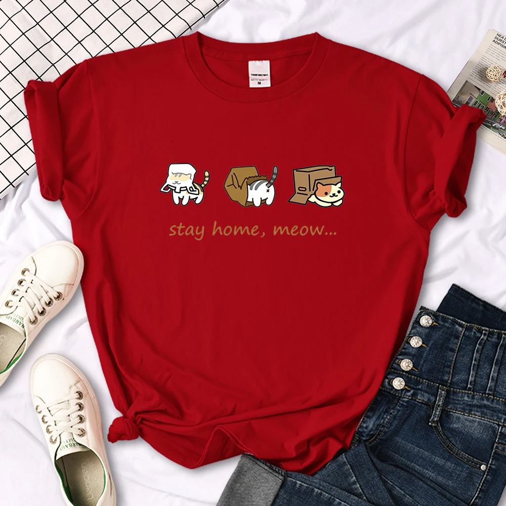 Kawaii Three Mini Cat Animal Stay Home Meow Print Women Tshirts Oversize Tops o-Neck Tee Shirt Casual Style Female Tee Shirts