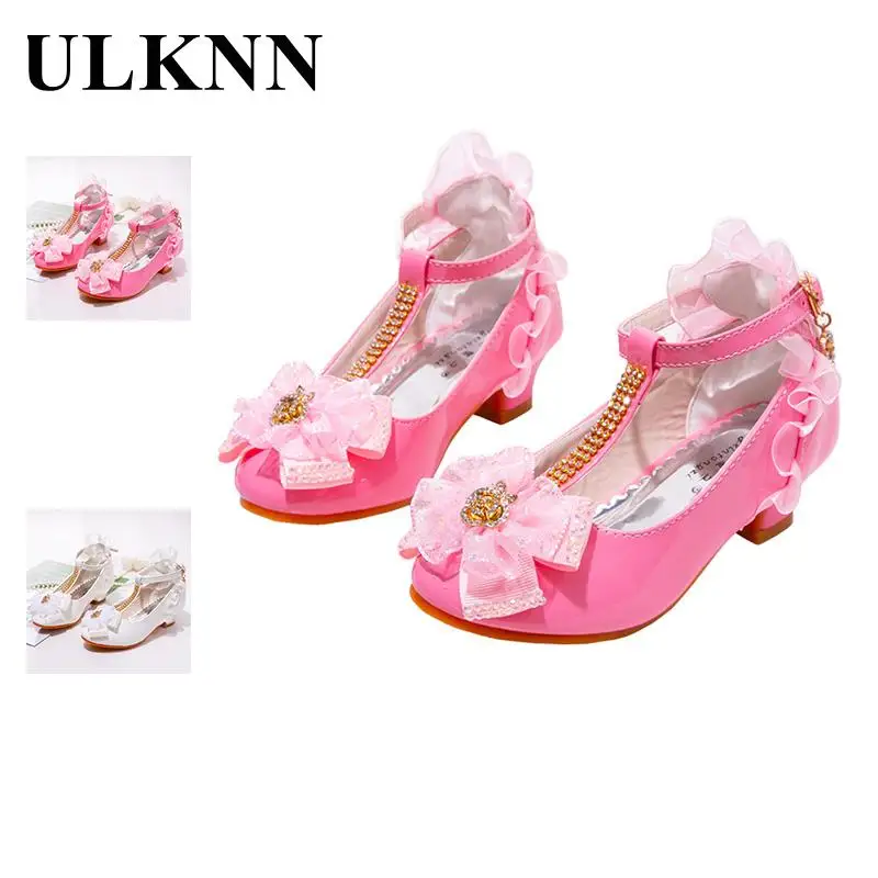 ULKNN Kids Shoes For Girl Dress Wedding Rhinestone Love Heart Pattern Butterfly Lace Mary Jane High Heel Children Princess Shoes new meatball hair accessories children s crown hair claws headwear rhinestone hairpin bird nest bun twist clip