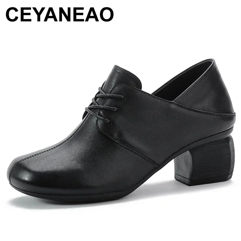 

CEYANEAO весенние новые женские кожаные туфли на толстом каблуке корейские женские туфли на шнуровке повседневные универсальные удобные рабочие туфли