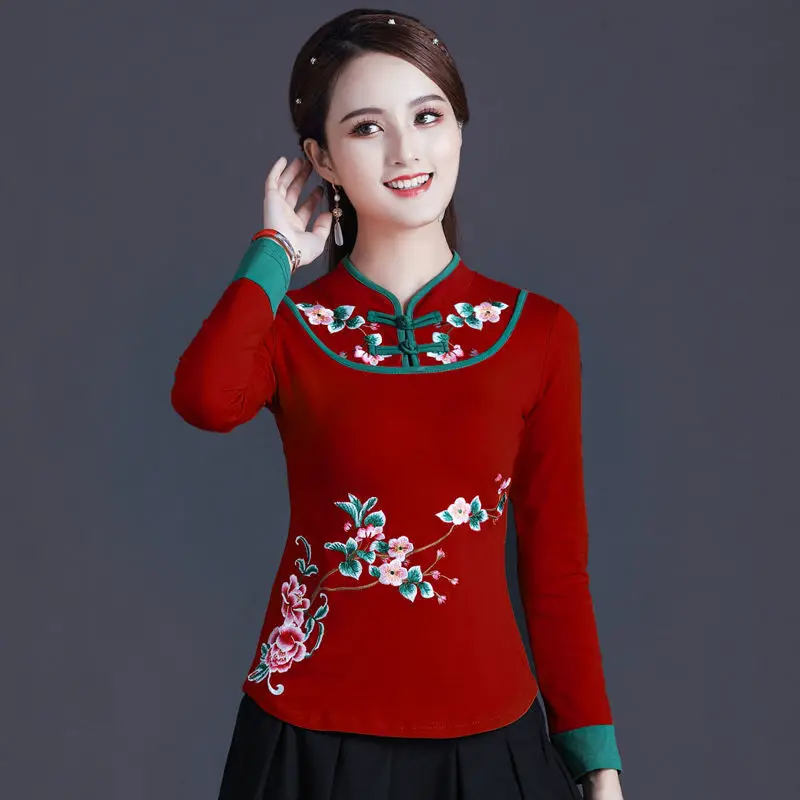 Traditional Chinese Clothing Women Cheongsam Top Embroidery Mandarin Collar Vintage Shirt Blouse Ladies Chinese Top V1910 women chinese shirt