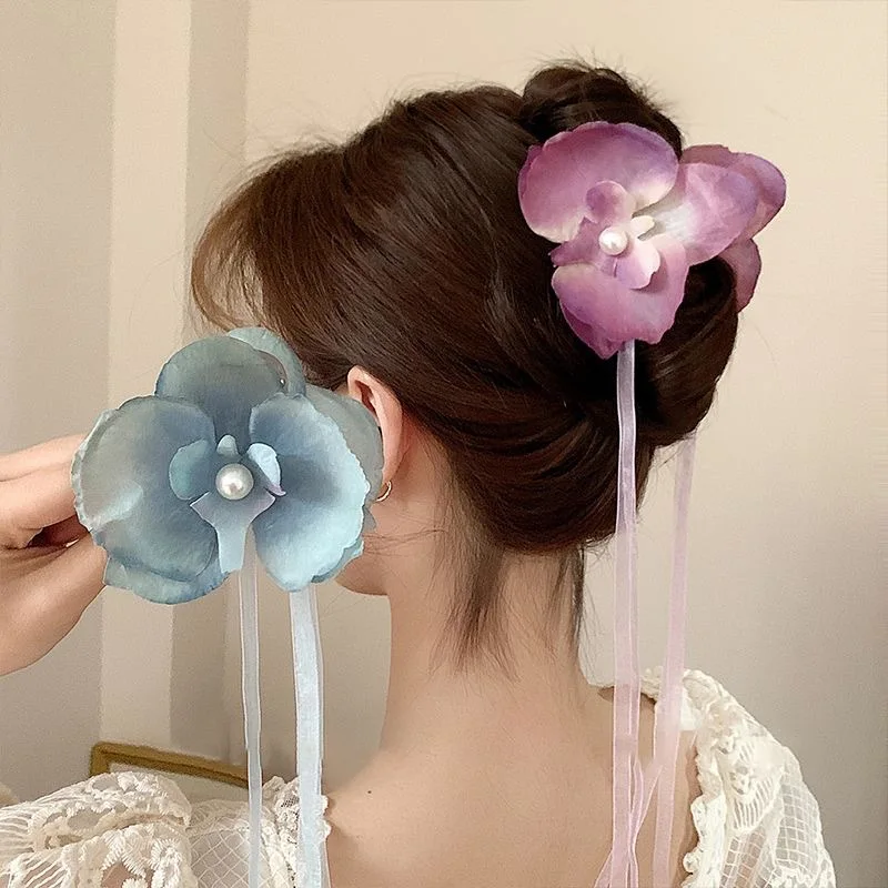 

New Butterfly Orchid Pearl Hair Clip Vintage Fabric Flower Claw Clip Elegant Ladies Long Tassel Bow Ponytail Clip Accessories