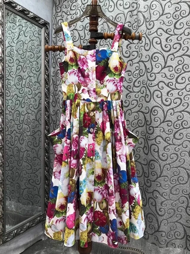 

Top Quality New Summer Dress 2024 Fashion Design Women Spaghetti Strap Colorful Floral Print Big Pocket Deco Midi Cotton Dress