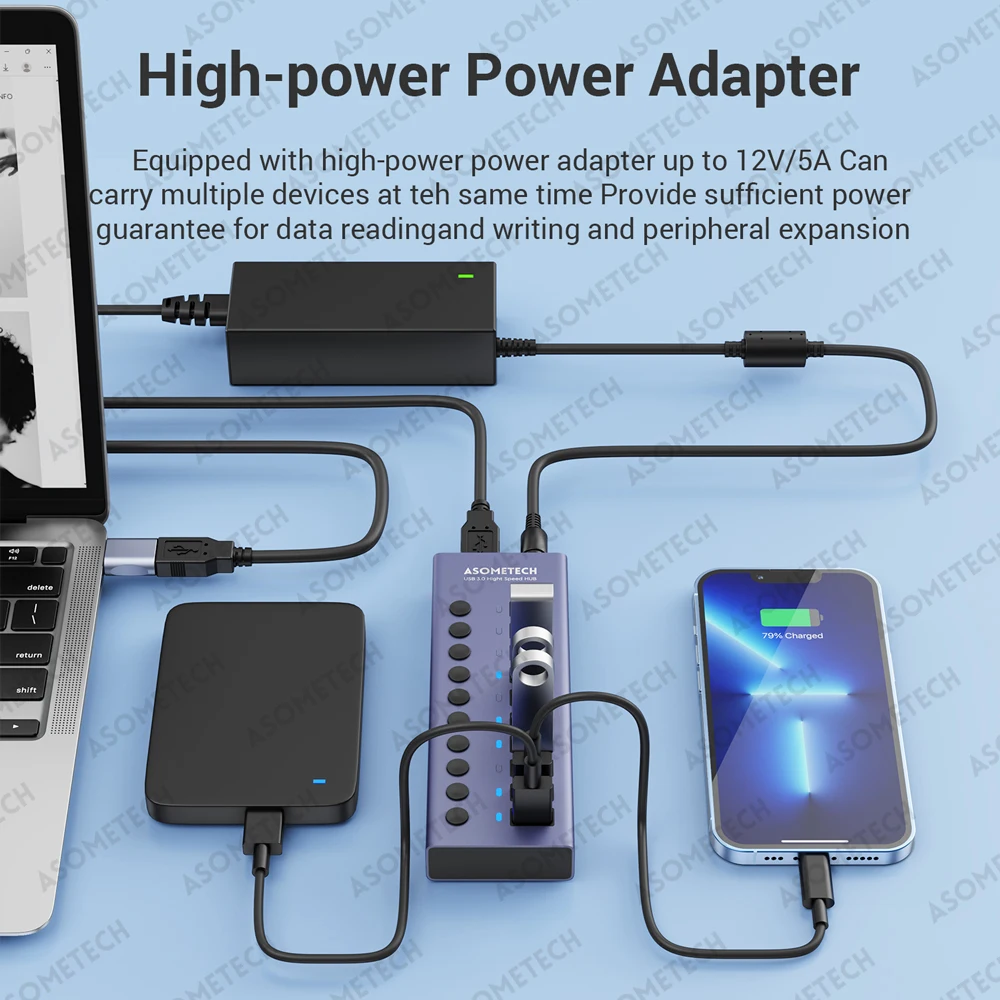 Multi Usb Hub Splitter com Interruptor Adaptador de Energia Multi Usb Extender Portas Portas 10 Portas Macbook Splitter Acessórios para Notebook - Imagem 5