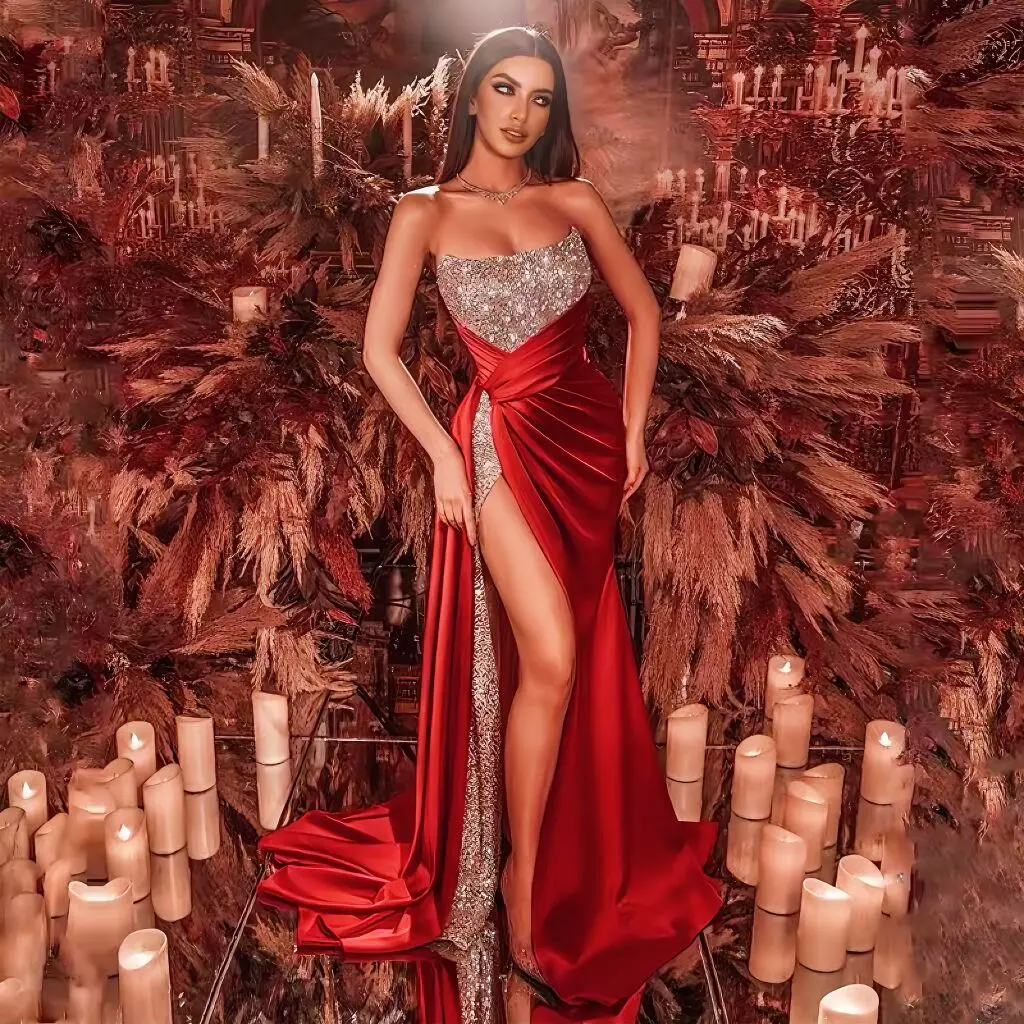 

2022 New Christmas Design Women's Off the Shoulder Sexy High Split Long Dress Strapless Wedding Party Dress Vestido High Quality