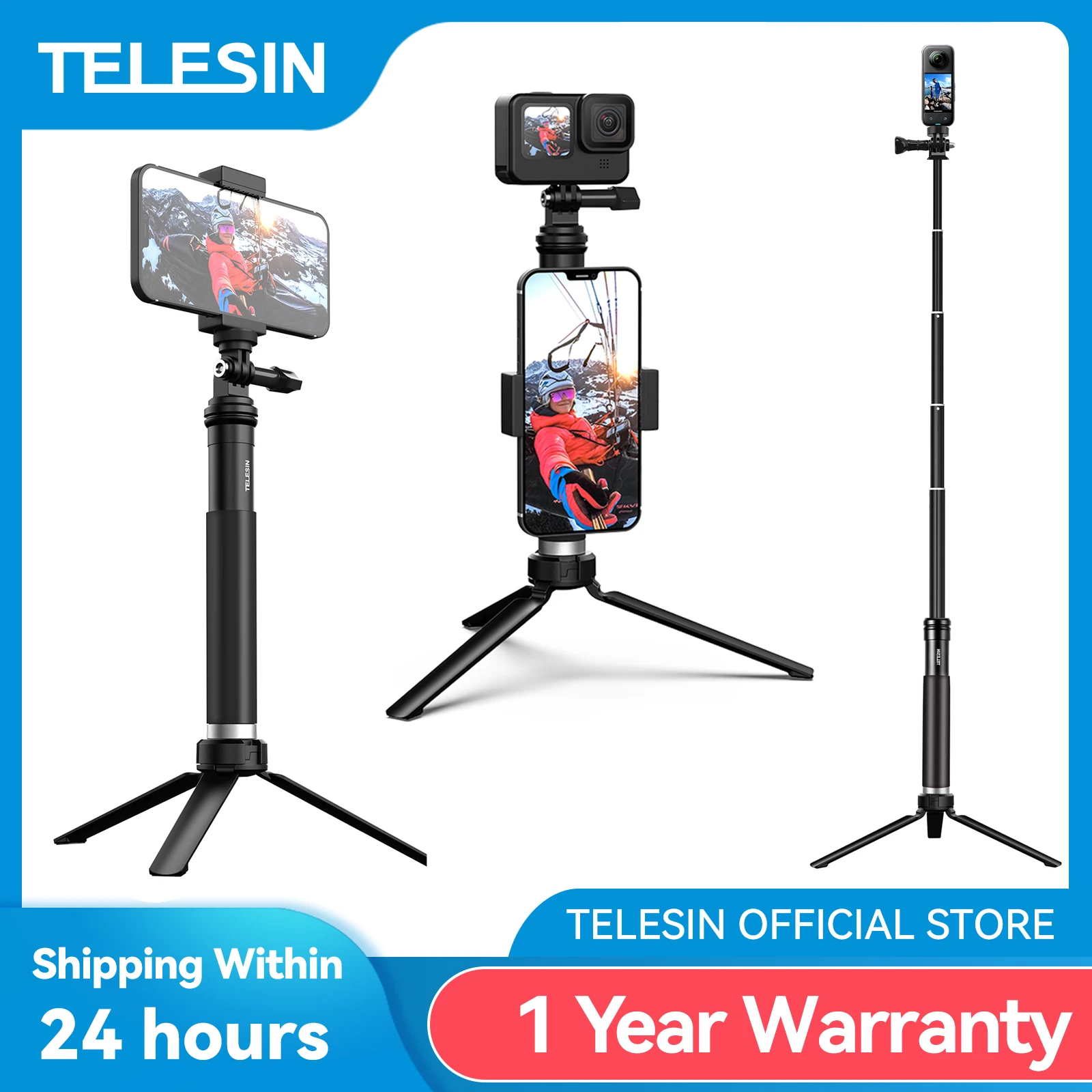 TELESIN-알루미늄 합금 셀카봉, 확장형 핸드헬드 망원경 폴 모노포드 삼..