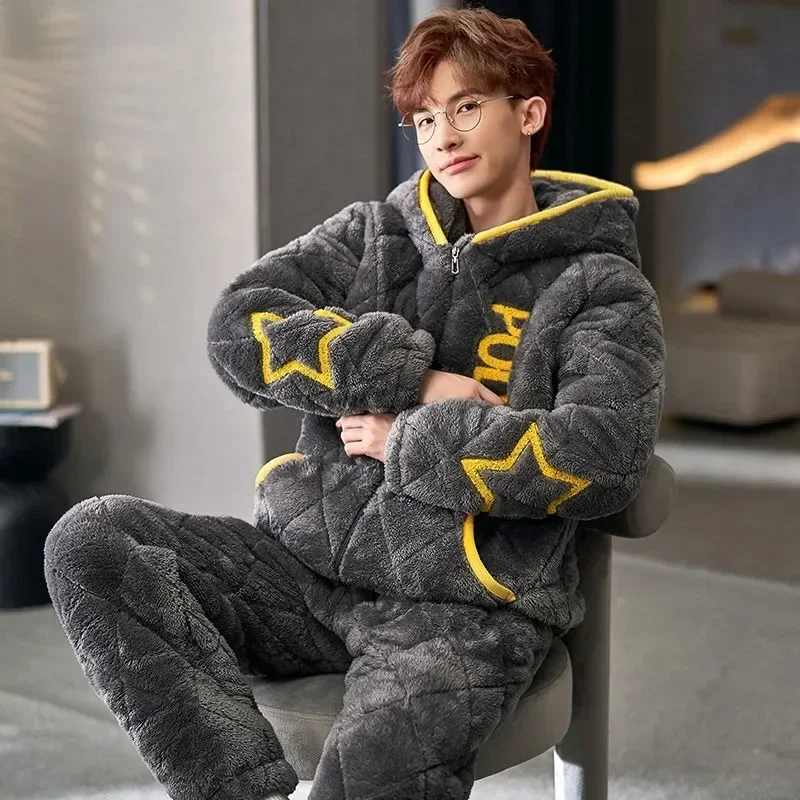 Pajamas Men Homewear Suit Winter Coral Fleece Home Sleep Clothes Thickened Three Layers Cotton Male Teen Hooded Loungewear Set men s pajamas three layers cotton padded loungewear winter coral velvet plus homewear dad flannel home service suit male pijama