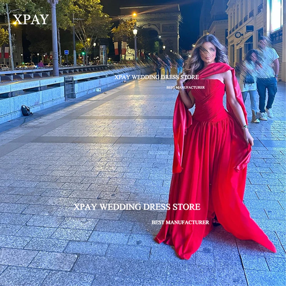 

XPAY Red Evening Dresses Saudi Arabic Women Pleats Shawl Elegant Floor Length Prom Gowns Celebrity Formal Party Dress Long