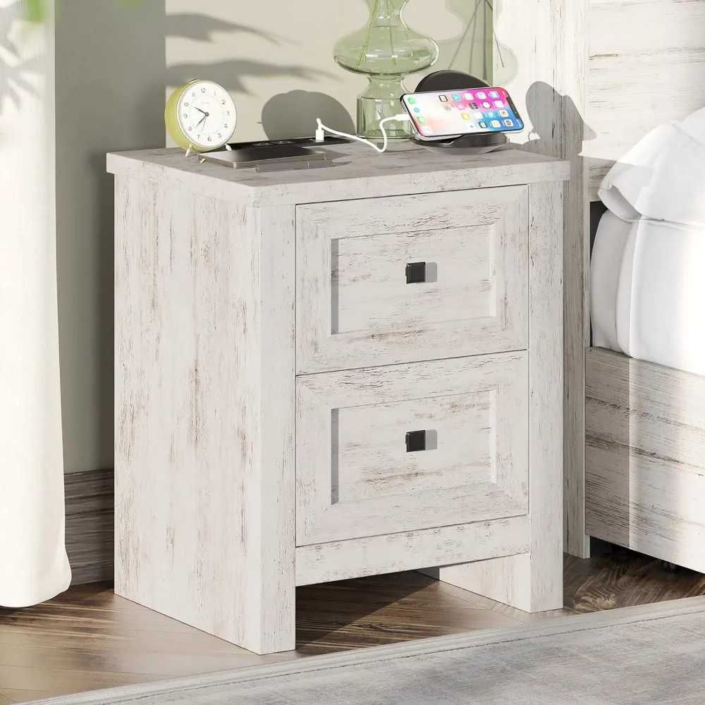 Large Nightstand Set of 2 with Charging Station, Bedside Table with USB Ports and Outlets, Farmhouse Wood End Table
